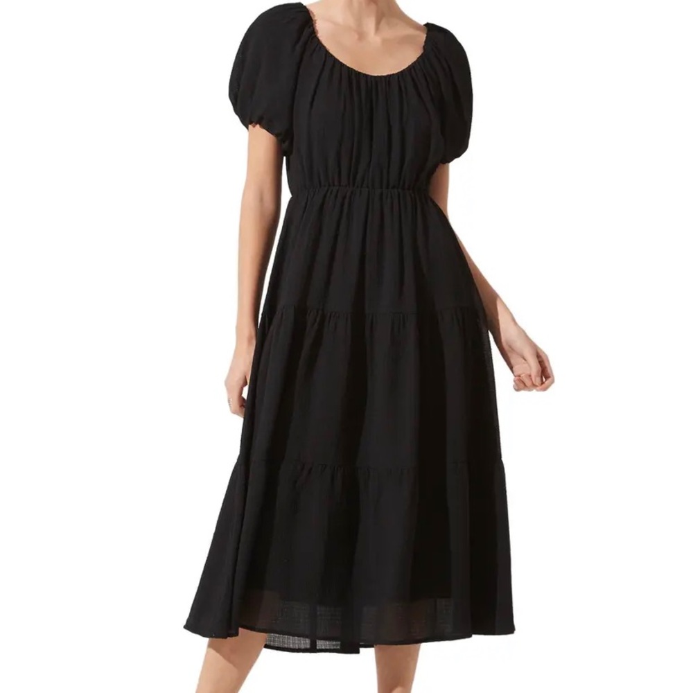 XS Black Tiered Puff Sleeve Midi Dress
